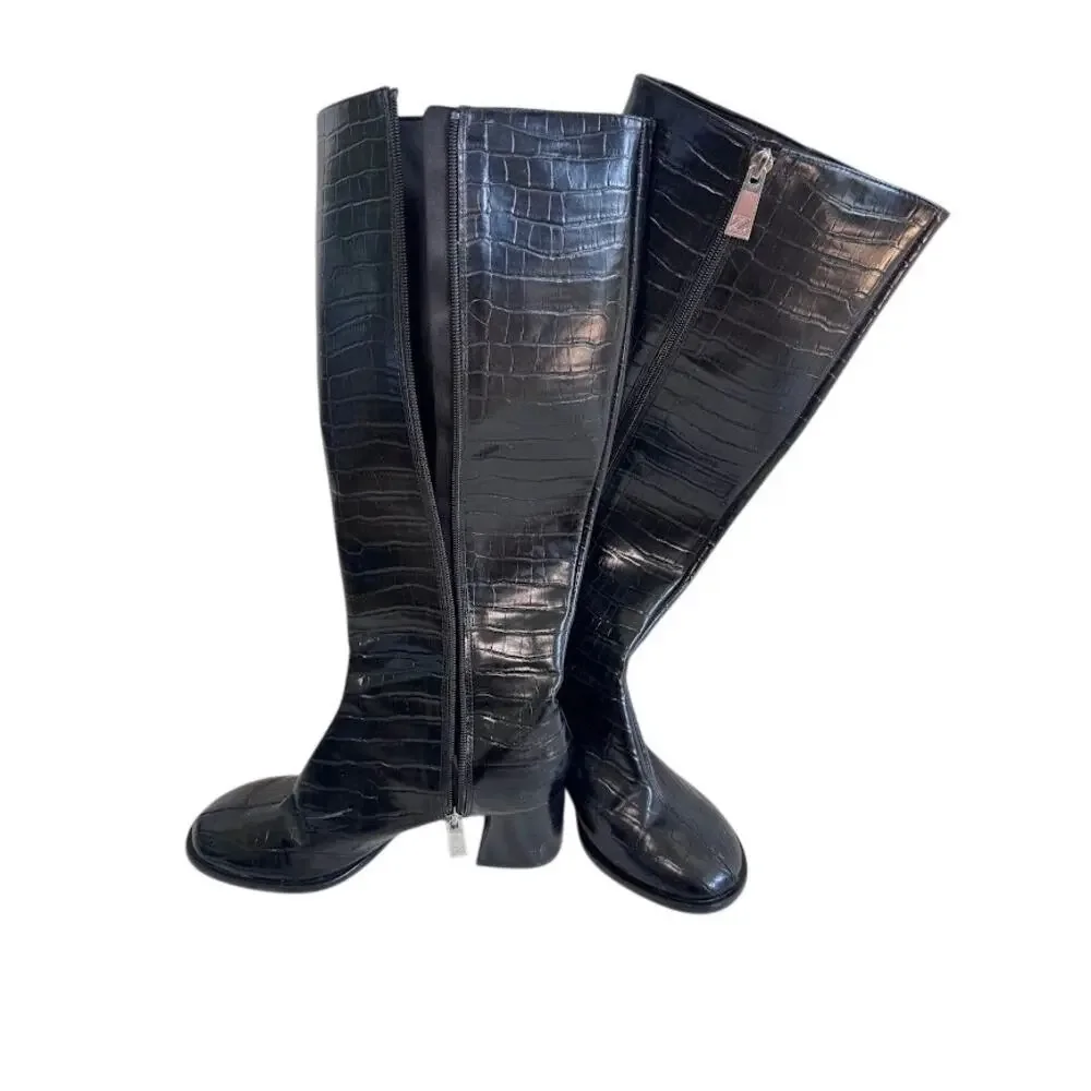 Zara Croc Embossed Knee High Boots Black Block Heel Square Toe Zip 38 7.5